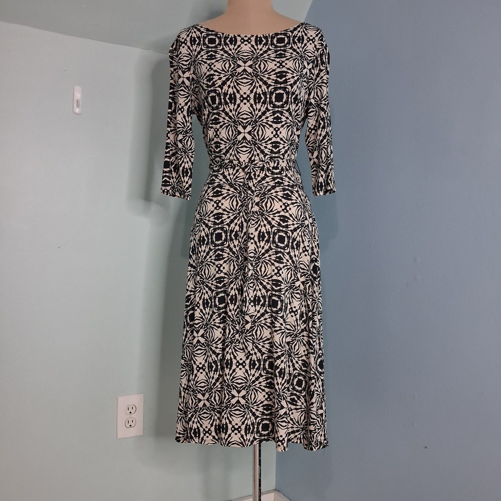 Leota High Modern Midi Dress Hand Made NY USA Belted Geometric 3/4 Sleeve SZ L